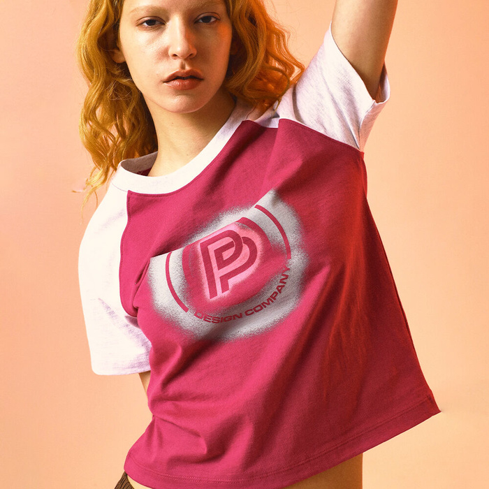 韓國PRENDA - SPRAY LOGO COMBINATION RAGLAN TEE MAGENTA